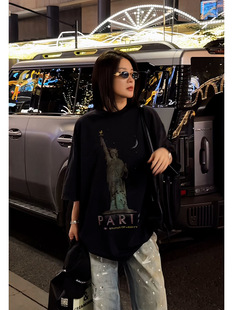 European and American Retro Statue of Liberty Printed Pure Cotton Short-sleeved T-shirt Women's Trendy Cool Girl Summer Design Sense Loose Top Ins