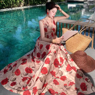 Resort Style Chiffon Printed Suspender Dress Summer French Retro Loose Sanya Seaside Beach Ankle-Length Dress