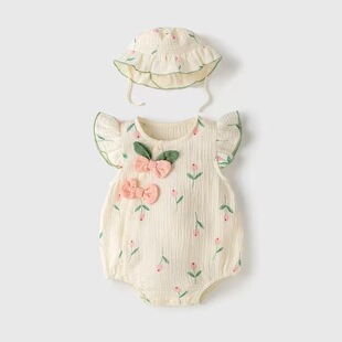 Summer New Baby Sieman Fashion Oblique Placket Tulip Short-sleeved Sieman Baby Girl Princess Climbing Clothes for Going Out