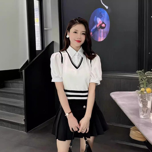 Hong Kong Style Short Knitwear Shirt Women's Summer 2024 New Fake Two-piece Collar Shoulder Short-sleeved Top