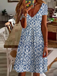 European and American Spring and Summer New Cross-border Amazon Independent Station Loose Fashion V-Neck Printed Women's Short-sleeved dress