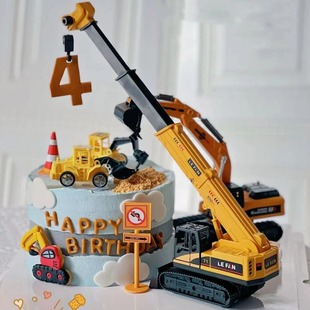 Crane Cake Decoration Ornaments Excavator Bulldozer Engineering Vehicle Kidsren Boys Birthday Dessert Table Plug-in