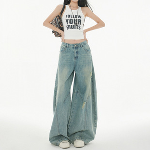 American Style Vintage Washed Profile Jeans Men's and Women's 2025 New Loose Slimming Casual Scrub Scimitar Pants with Holes