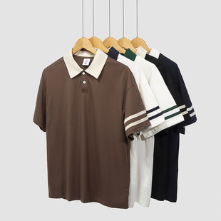 210g 7A fashion brand POLO shirt T-shirt antibacterial parallel bars color matching shoulder lapel liquid ammonia cotton printed LOGO embroidery