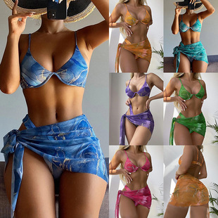 2024 European and American Foreign trade swimsuit women's split three-piece set marble pattern ins pit tie-dyed cross-border bikini swimsuit