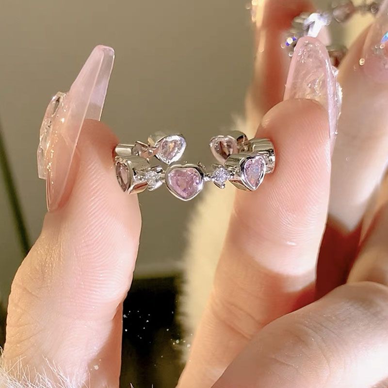 Sweet Cool Pink Diamond Love Ring Women's Niche Design Sense Ring Fashionable Personalized Finger Ring Opening Adjustable