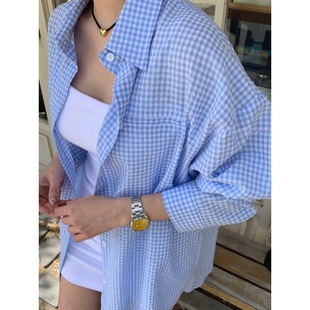 South Korea Chic Summer Vintage Design Lapel Back Slit Lace-up Loose Long Sleeve Plaid Sunscreen Shirt for Women