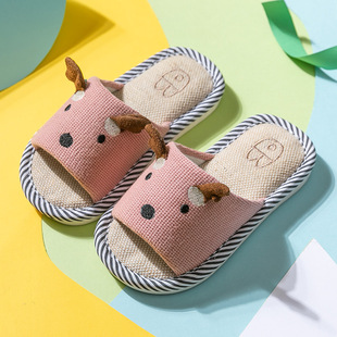 Japanese Style Home Children's Slippers Women's Summer Indoor Household Wooden Floor Soft Bottom Men's and Women's Middle and Big Children's Cotton and Linen Slippers