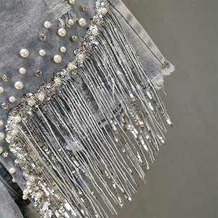 Diamond-encrusted Shorts Women's 2025 Summer New European High Waist Heavy-duty Beaded Sequins Tassel Ripped Wide-leg Hot Trendy Pants