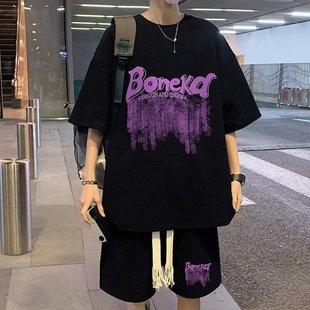 Hip-hop men's suit summer high street sports waffle T-shirt fashion brand hiphop American short sleeve shorts 2-piece set
