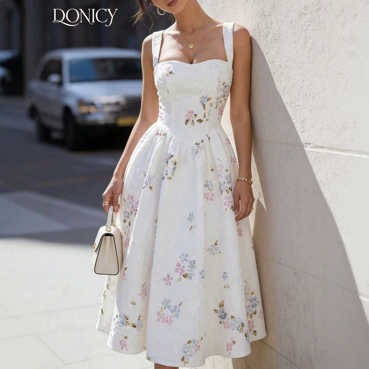 Cross-Border Amazon Europe and America 2026 New Summer Style Sweet Holiday Floral Ruffled Square Neck Sleeveless Dress for Women