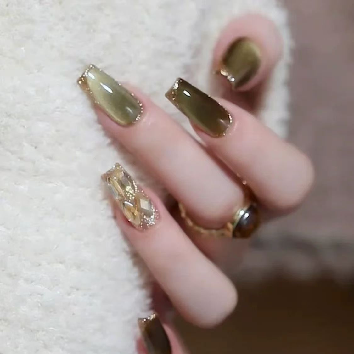 Wearable Nails Green Crystal Cat's Eye Finished Manicure Wearable Light Luxury Handmade Nails Cat's Eye Wearable Nails Purely Handmade