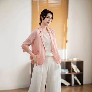 2025 Summer New Artistic Ramie Small Suit Women's Elegant Solid Color Simple One Button Outer Top Cardigan