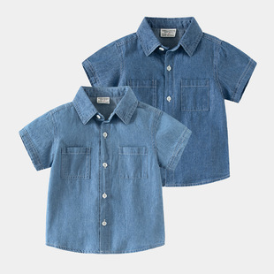 2024 Summer new boys' Denim short-sleeved shirt baby casual shirt children's Korean-style shirt children's clothing wholesale