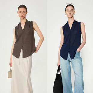 Open Room/Chico Lightweight Comfortable Dark Flower Linen ROW Style Paper Pieces Lazy Fashionable Heap Shoulder Knitted Vest Cardigan