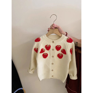 Girls Knitted Cardigan 2024 Autumn New Little Girl Cute Strawberry Embroidered All-match Long Sleeve Sweater Jacket