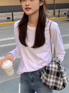 White Long-sleeved Base Shirt Women's Spring and Autumn 2024 Winter Cotton Shoulder T-shirt Inner Stacked Round Neck Loose Top