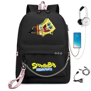 [Cross-border Source] Independent Station Spongebob Printed Schoolbag Chain USB Backpack School Season Travel Bag