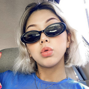 2024 Internet Celebrity Hip-Hop Small Oval Sunglasses Black Frame Grey Green Blue Sunglasses Trendy Men's Sunglasses Suntan White