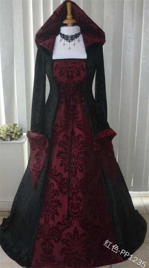 Cross-border European and American Retro Long-sleeve Lace-up Waist Hooded dress Printed Palace Dress