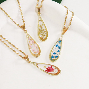 Aiwei creative golden water drop real flower pendant vintage colorful eternal flower necklace necklace European and American cross-border hot sale