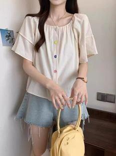 Sweet Style Age-reducing Colorful Button Flying Sleeve Shirt for Women Summer Fresh New Loose Slimming Look Simple Short Top
