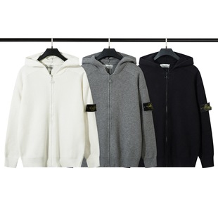 Cross-border European and American STONE stone zipper open chest stand collar badge function hooded knitted sweater men's and women's island ius