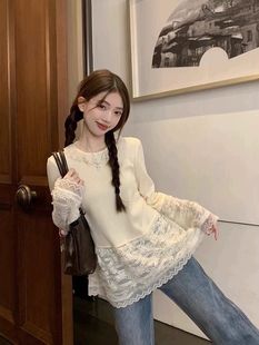 Sweet Girl's Lace Base Shirt Women's Autumn and Winter Inner Wearing Outer Wearing Long Sleeve French Style Design Stitching Hem Top Trendy