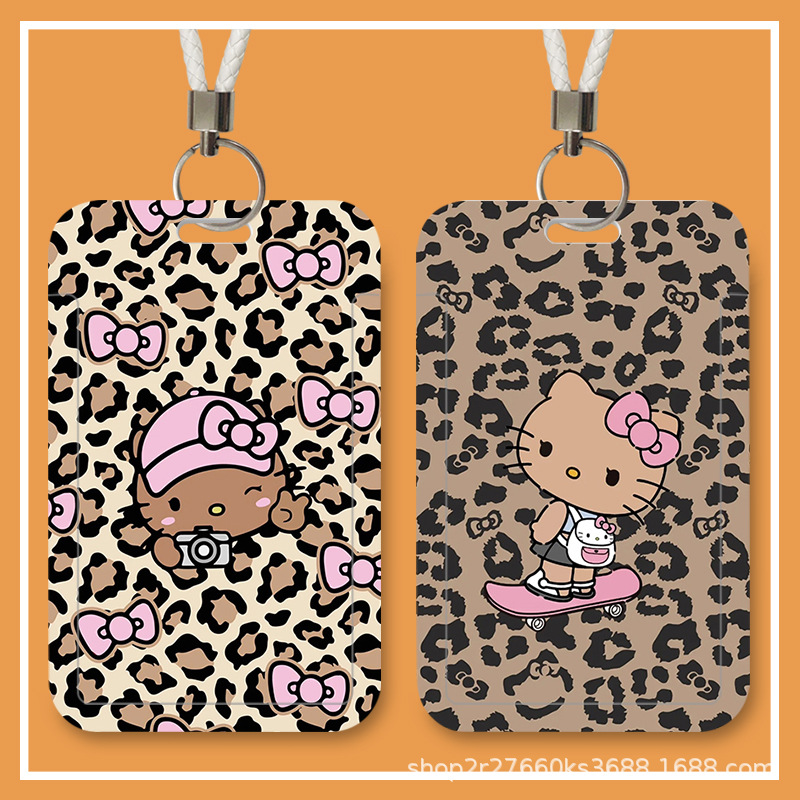 Black Leather Hello Kitty Leopard Print Cute Student Slider Card Holder Meal Card Bus Id Card Protective Cover Access Control Campus
