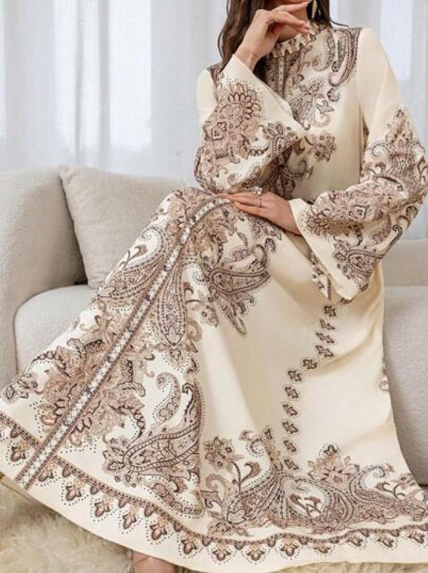 New Hot-Selling Item - Palace-Style Stand-Up Collar Lantern Sleeve Coat with Wavy Edges, Long Vintage Printed Dress