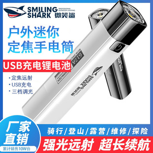 Smiling shark highlight three light portable flashlight mini flashlight USB rechargeable portable ABS flashlight