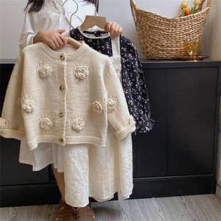 Girls Round Neck Sweater 2024 Autumn Baby Handmade Knitted Flower Cotton Yarn Jacket Korean Style Children's Solid Color Cardigan