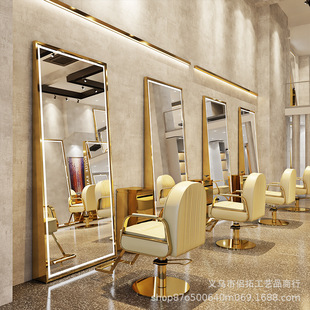 Internet Celebrity Barber Shop Mirror Table Single-and Double-sided Floor Mirror Hairdressing Shop Mirror with Light Stainless Steel Haircutting Mirror for Hair Salon