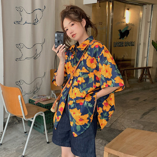 Hong Kong Style Vintage Short-sleeved Shirt Women's Summer Flower Print Vacation Loose Slimming Design Midi Top