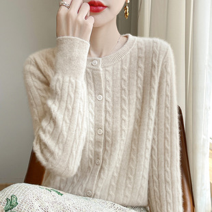 Vintage Twisted Long-sleeved Knitted Cardigan Women's Loose Crewneck Sweater High-end Slim-Covering Fashionable Outer Top