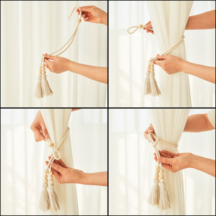 Cross-border Explosions Double Wooden Beads Tassel Curtain Strap in stock Wholesale Punch-free Installation-free Curtain Storage Strap