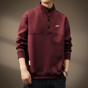 High-end Heavy Button Collar Jujube Red Sweatshirt Men's Autumn and Winter New American Style Trendy Brand Loose Long-sleeved T-shirt for Men