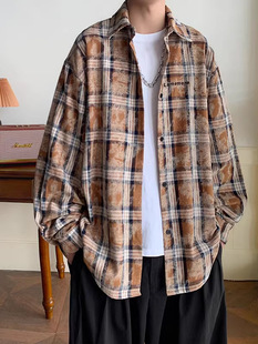 Pink Plaid Niche Long-Sleeved Shirt Men's Autumn Tie-Dye Embroidered Trendy Brand Shirt American Style High Street College Style Jacket