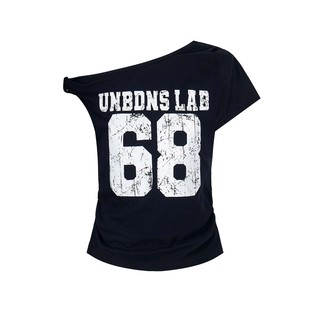 UNBDNS American-style Printed Oblique Collar Shoulder Short-sleeved T-shirt Women's Summer Black Micro-loose Casual Spice Girl Top Trendy