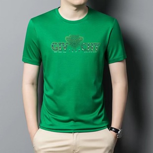 Summer New European Version Trendy Brand Bee Embroidery Hot Drilling Mercerized Cotton Short-sleeved T-shirt Casual Men's Round Neck Handsome Half-sleeved T-shirt