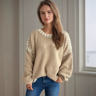 Amazon Europe and the United States cross-border 2024 autumn and winter new color matching women's sweater round neck casual loose women's pullover