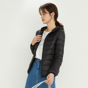 2024 New down jacket women's lightweight short hooded Korean style plus size slim warm white duck down solid color coat fashion