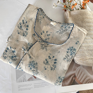 Real Shot Summer New Artistic Ramie Floral Buckle Lace-up Seven-point Sleeve Top