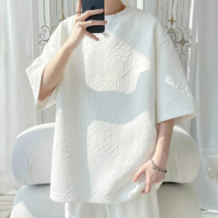 Textured Jacquard Short-sleeved T-shirt Men's Summer American-style Heavy-weight Loose Half-sleeved Clothes Trendy Brand Teenagers T-shirt