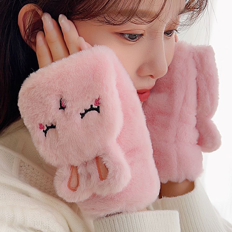 Plush Gloves Women's Autumn and Winter Student Cute Thickened Half Finger Girl Flip Warm fleece-lined Riding Taobao Daifa