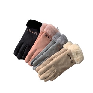 Korean Style Women's Winter Warm Thickened Cute ins Winter Cycling Windproof Cold-proof Fleece-lined Five-finger Gloves Cycling Gloves