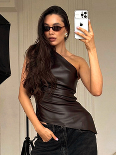 European and American Women's New Sexy Slim-fit Slim-fit Fashionable All-match Top Sleeveless Slant Collar PU Leather Vest with Sleeve