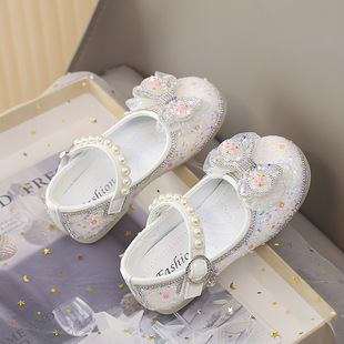 Girls Princess Shoes 2025 Spring New Crystal Shoes Bright Diamond Flowers Beautiful Little Princess Shoes Soft Sole Comfortable Leather Shoes