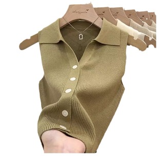 Slim Sleeveless Top Suspender Cardigan Vest Women's Chic Ice Silk Thin Summer Small Lapel polo Waistcoat Knitted
