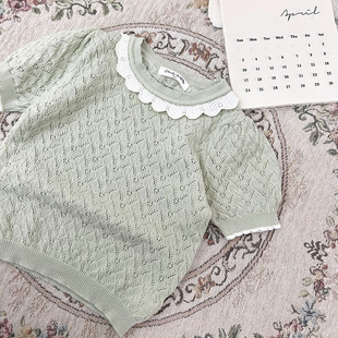 Cutemily summer girls' hollow-out knitted T-shirt contrast color breathable cotton short sleeve round neck lapel T-shirt